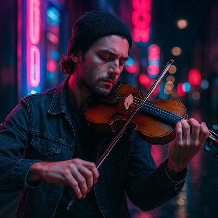 Musician playing the violin on the street in the city at nightの写真素材