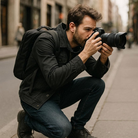 Young male photographer taking photos in the city streets. Man with camera.