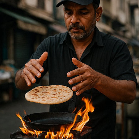 Indian street vendor preparing a traditional mexican pita bread.