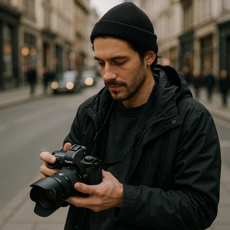 Portrait of a young man with a camera in the city.