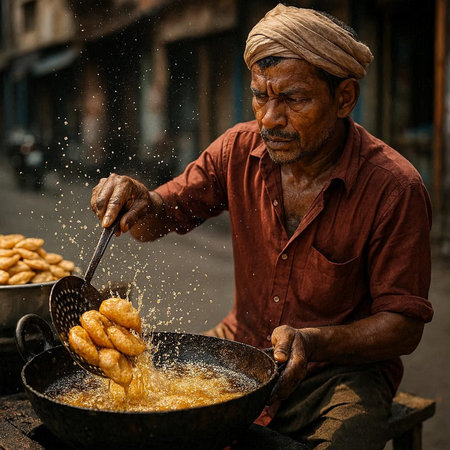 Unidentified Indian street vendor making deep fried doughnuts in the street.