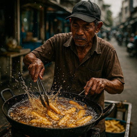 Unidentified old man cooking fried corn on street in Bangkok, Thailand.