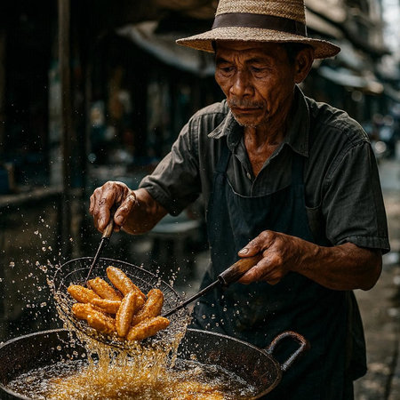Vietnamese man cooks fried corn on the street.