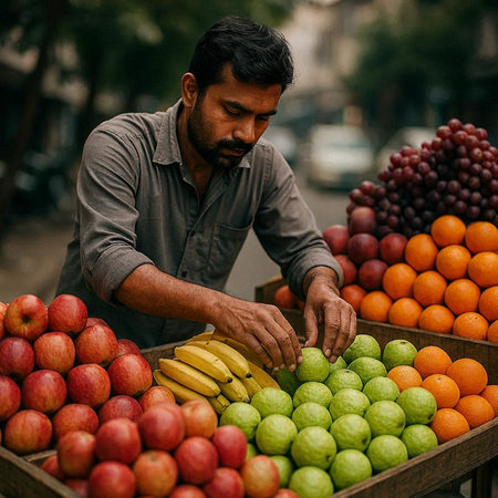 Indian man selling fruits at the street market in Delhi, India.