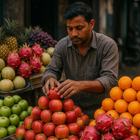 Closeup of a Nepali fruit seller at the street of Kathmandu in the morning