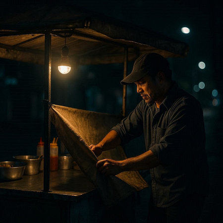 Asian man is making a traditional indian street food stall at night.の写真素材
