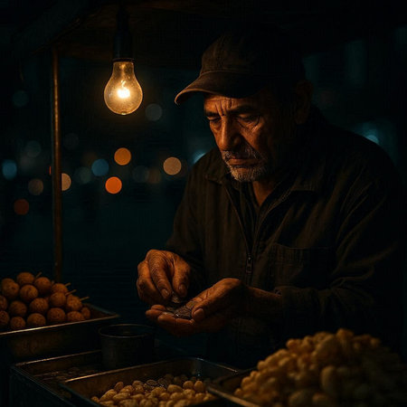 Old man selling nuts at night in the old city. Selective focus.の写真素材