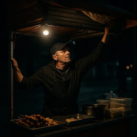 Caucasian male street vendor at night in the city. Street food concept.