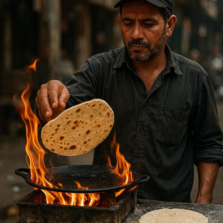 Portrait of a unknown Nepali man cooking a flatbread in the street of Kathmandu in the morningの写真素材