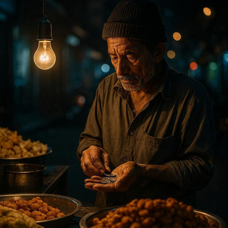 Old man selling food at night market in Baku, Azerbaijan.