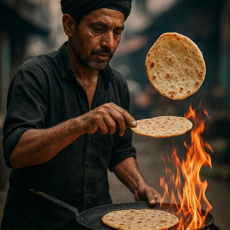 Indian man cooking chapati bread on the street in Mumbai, Indiaの写真素材