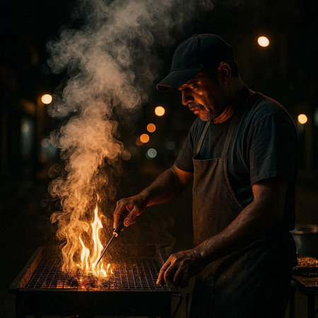 A man in a cap and t-shirt prepares barbecue on the street in the evening.