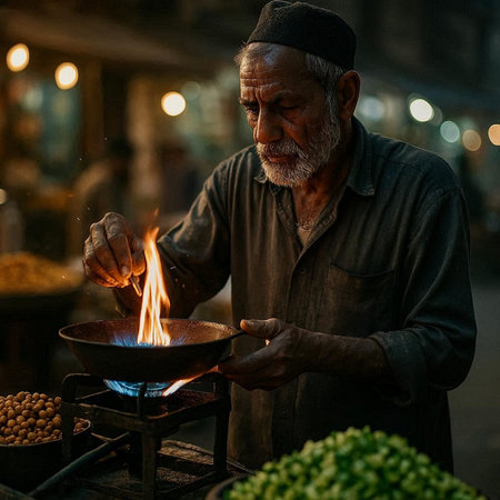 Old man cooking food at night in the street of the old city.