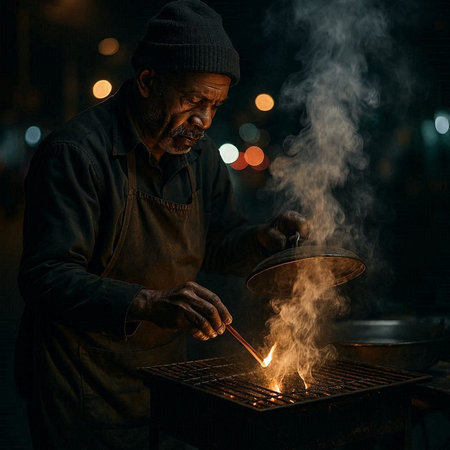 Asian old man cooking in the street at night. Street food concept.の写真素材