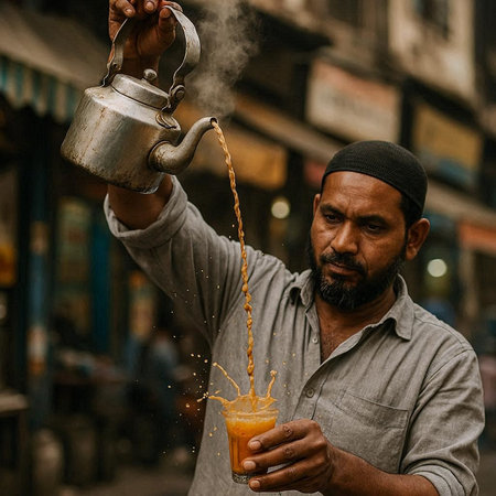 Indian man pouring fresh orange juice from a kettle into a glass.の写真素材