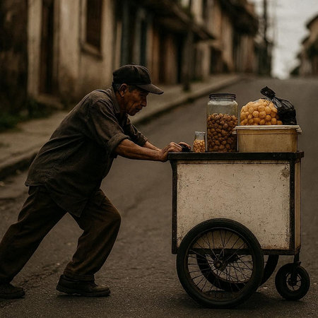 Street food seller with a cart full of freshly made street food.