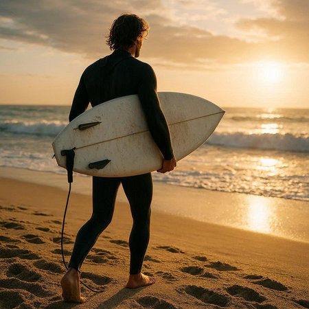 Surfer in wetsuit with surfboard on the beach at sunset