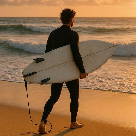 Rear view of a young man with surfboard on the beach at sunset