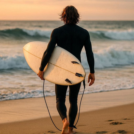 Surfer in wetsuit with surfboard on the beach at sunset