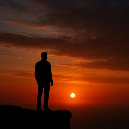 Silhouette of a man standing on the edge of a cliff at sunsetの写真素材