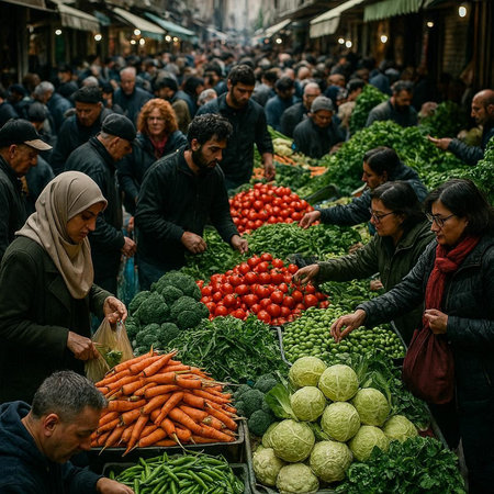 Turkish people sell vegetables in the bazaar.
