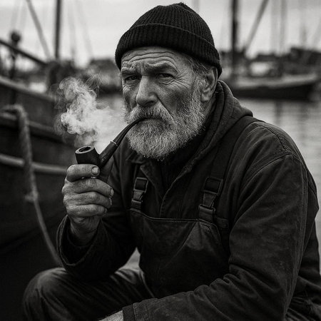Portrait of an old man smoking a pipe on the pier.の写真素材