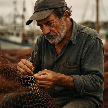 Portrait of an elderly man working on a fishing net in the portの写真素材