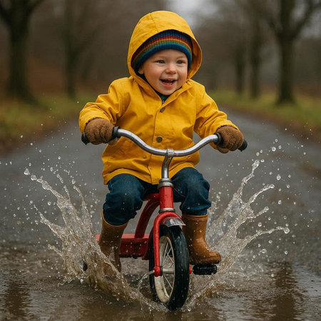 Little boy riding a tricycle through a puddle in the rain