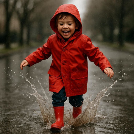 Little cute boy in red raincoat and rubber boots playing in puddle.