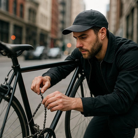 Handsome young man with a beard in a cap and black jacket is chained to a bicycle on a city street.