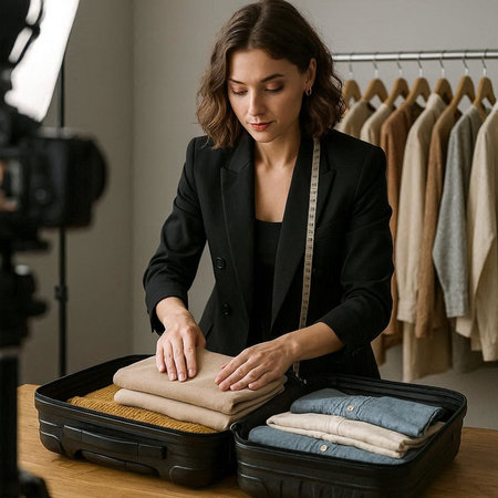 Fashion blogger recording video about new collection of clothes in her studio.