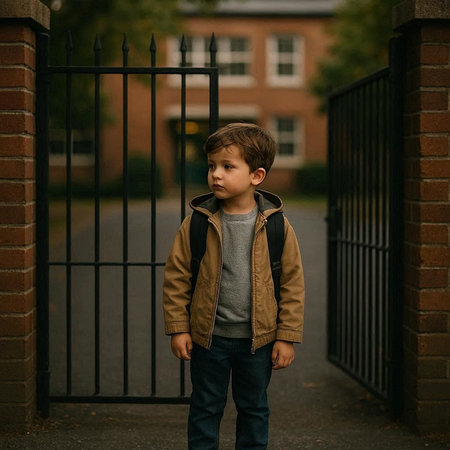 Portrait of a boy with a backpack standing in front of the school gate