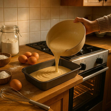 Woman's hand holding a bowl of flour and eggs on the kitchen