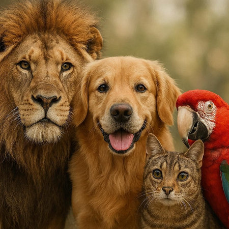 Lion, cat and dog together in the park. Portrait