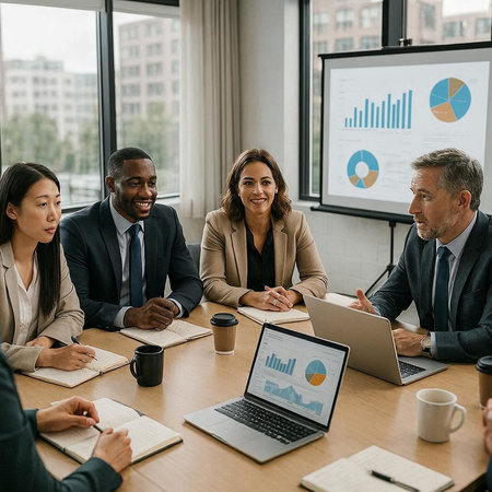 multiethnic businesspeople working with laptop in conference room during meeting
