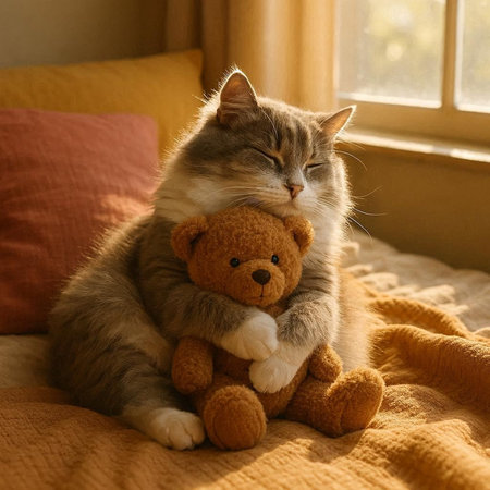Cute tabby cat with teddy bear sitting on the bedの写真素材