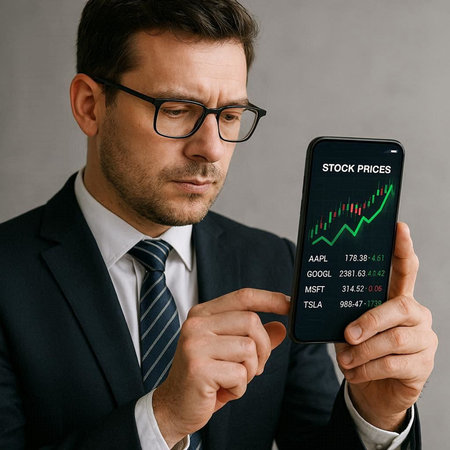 businessman in eyeglasses holding smartphone with stock market chart on screen