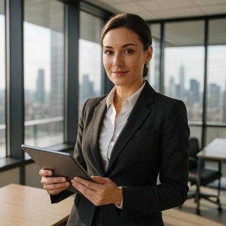 Portrait of young businesswoman using digital tablet while standing in office
