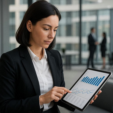 Businesswoman using digital tablet with chart on screen. Businesswoman standing in modern office and looking at tablet.の写真素材