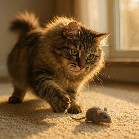 Maine Coon cat plays with a mouse on the carpet.