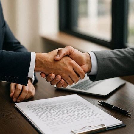 Business people shaking hands, finishing up a meeting. Close up of two unrecognizable businesspeople...