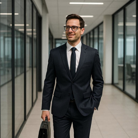 Portrait of a smiling businessman with briefcase standing in office corridorの写真素材