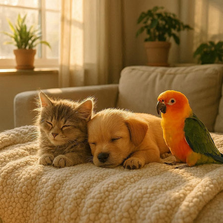 Cat and dog lying on the sofa with a macaw parrot