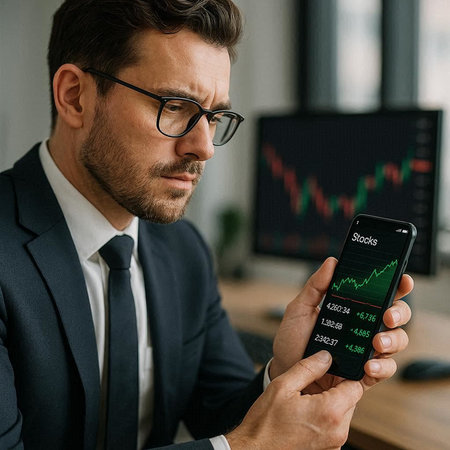 selective focus of businessman in eyeglasses using smartphone with stock market chart on screen