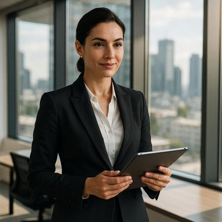 Portrait of a smiling businesswoman using digital tablet while standing in office
