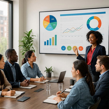 Group of business people working on a project together in a boardroom