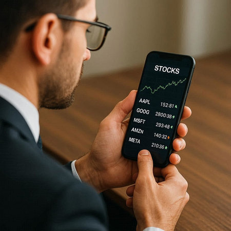 cropped shot of businessman holding smartphone with stock market chart on screen