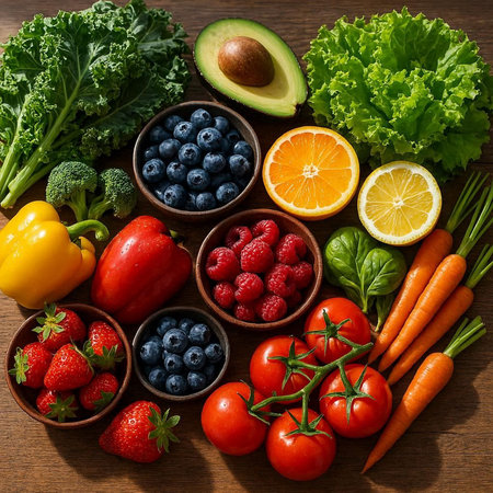 Healthy food background. Vegetables, fruits and superfoods