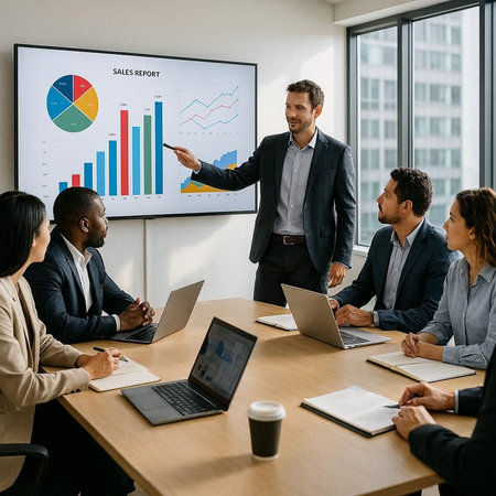 Group of business people working together in office. Businessman pointing at whiteboard with chart.