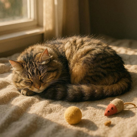 Cute tabby cat sleeping on the windowsill with toy.の写真素材